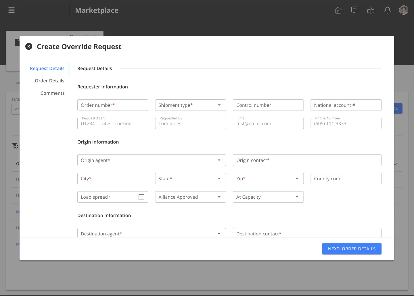 Partner-side form for creating an exception request