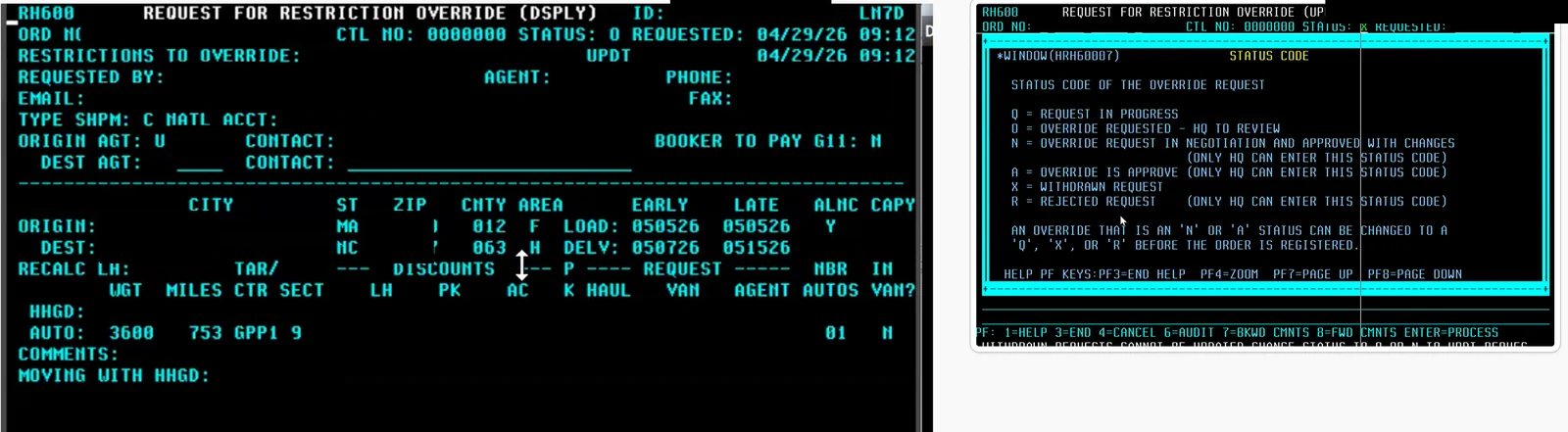 The legacy mainframe override request screen and its status code window, with personal details blacked out