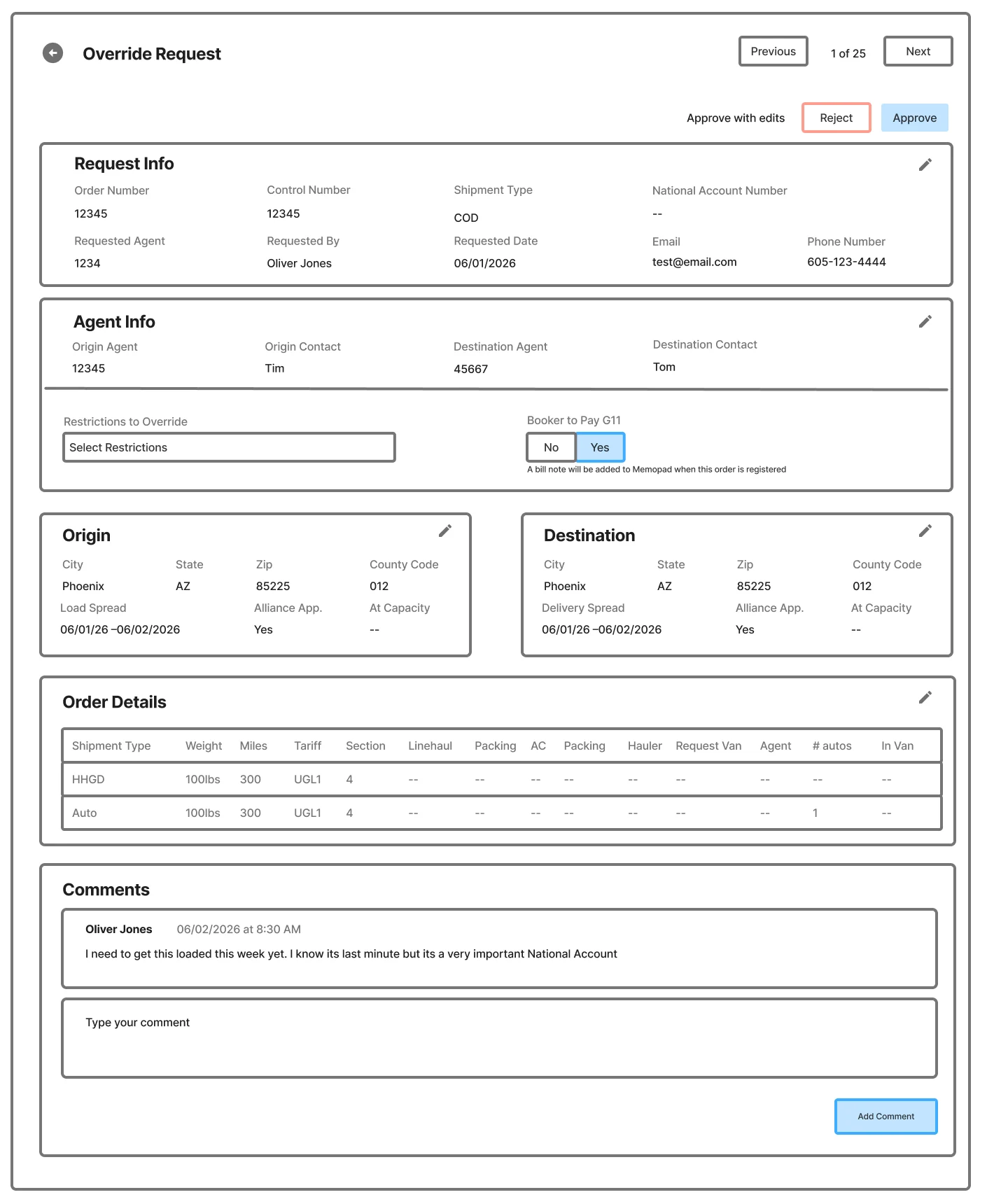 Wireframe of the full-page review layout