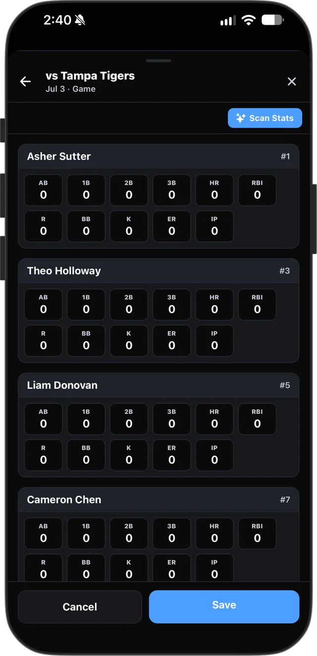 Entering game stats with the Scan Stats option