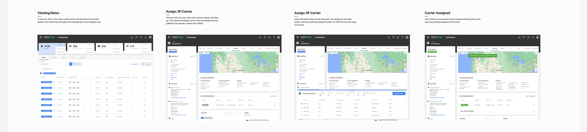 The final flow inside the order-management app, from expired offer to tracking updates and historical rates