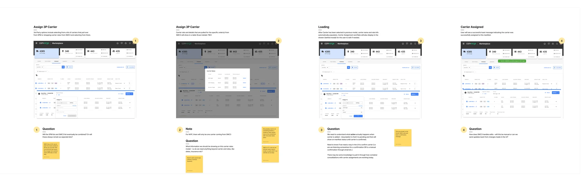 The first flow, designed inside the marketplace app, annotated with open questions
