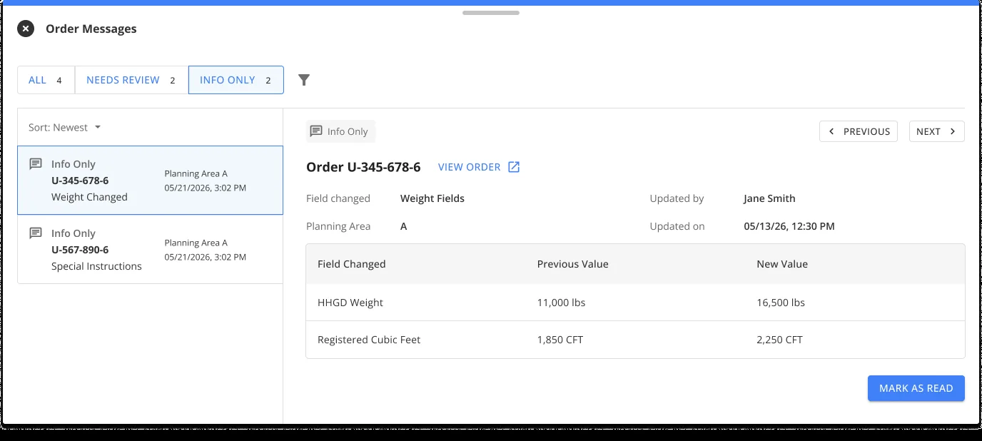 Info Only message showing previous and new values