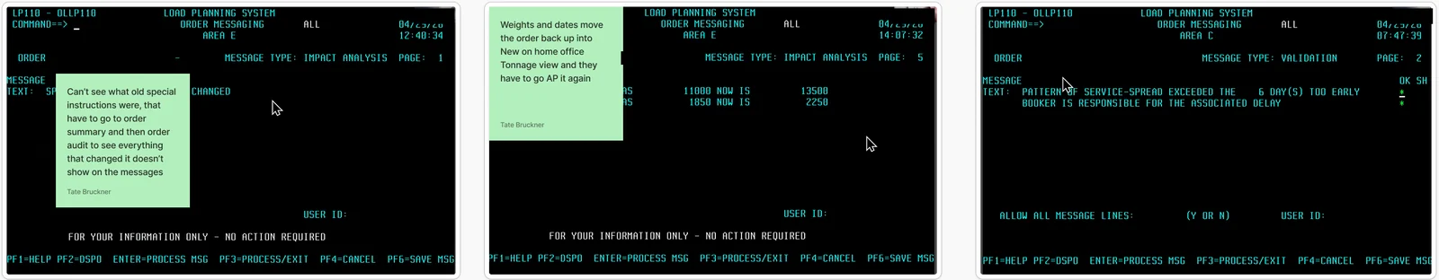 Legacy mainframe order messaging screens annotated with research notes, with identifying details blacked out